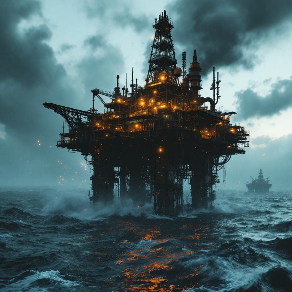 Surreal Crystalline Oil Platform in Turbulent Waters