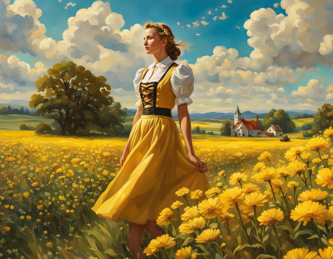 Girl in Golden Dirndl Among Yellow Flowers