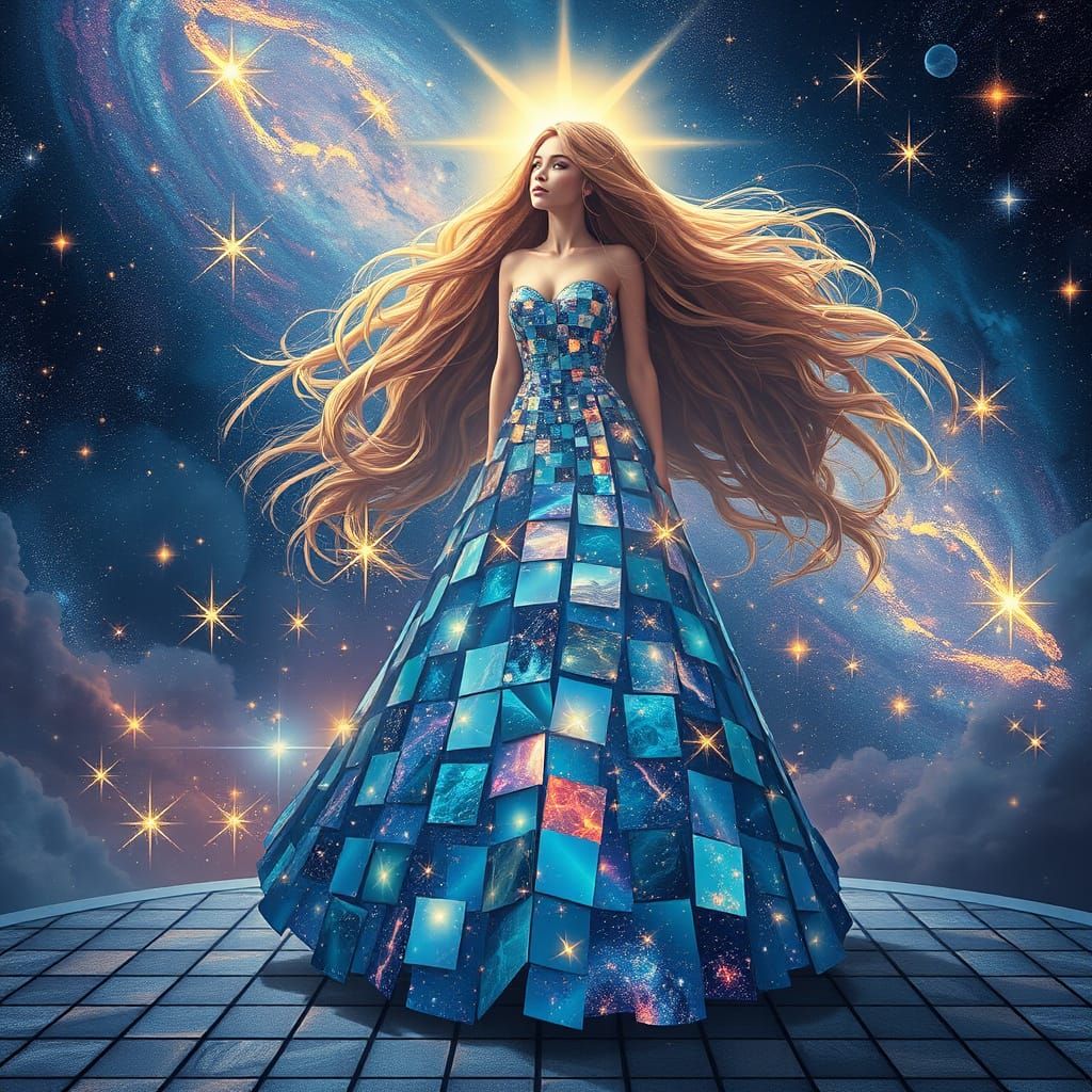 Celestial Goddess in Shimmering Cosmic Gown