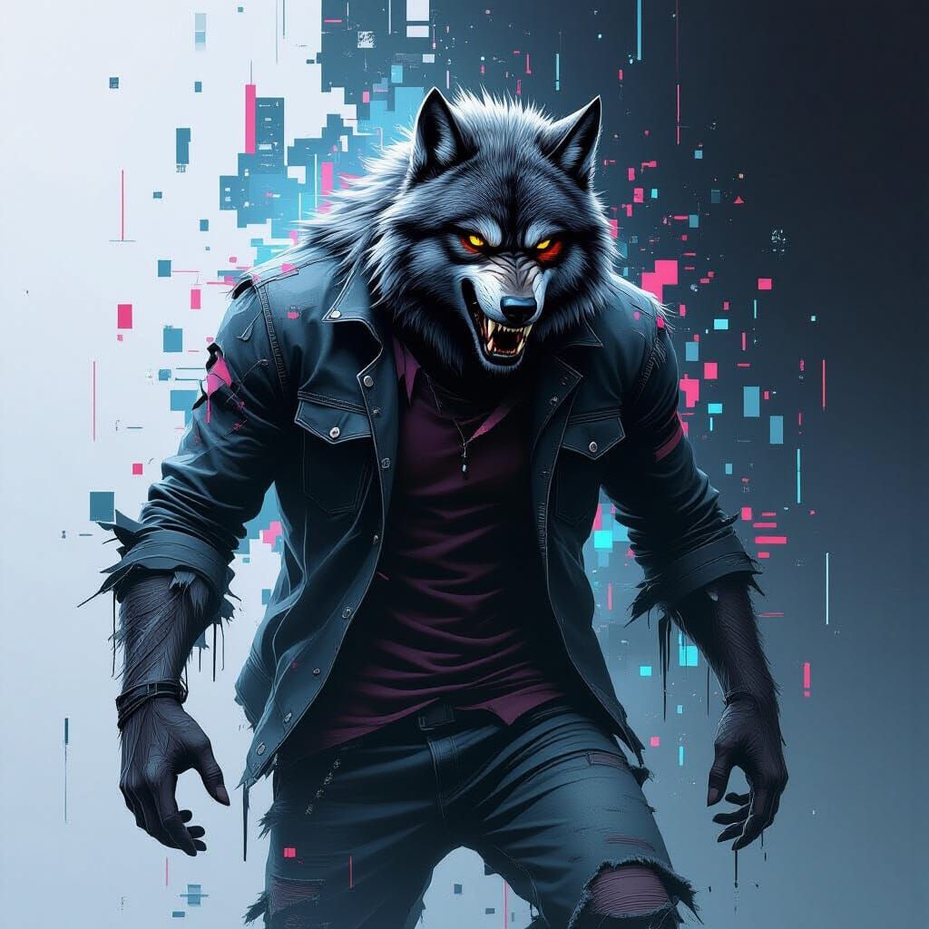 Werewolf Transformation in Glitch Art Style