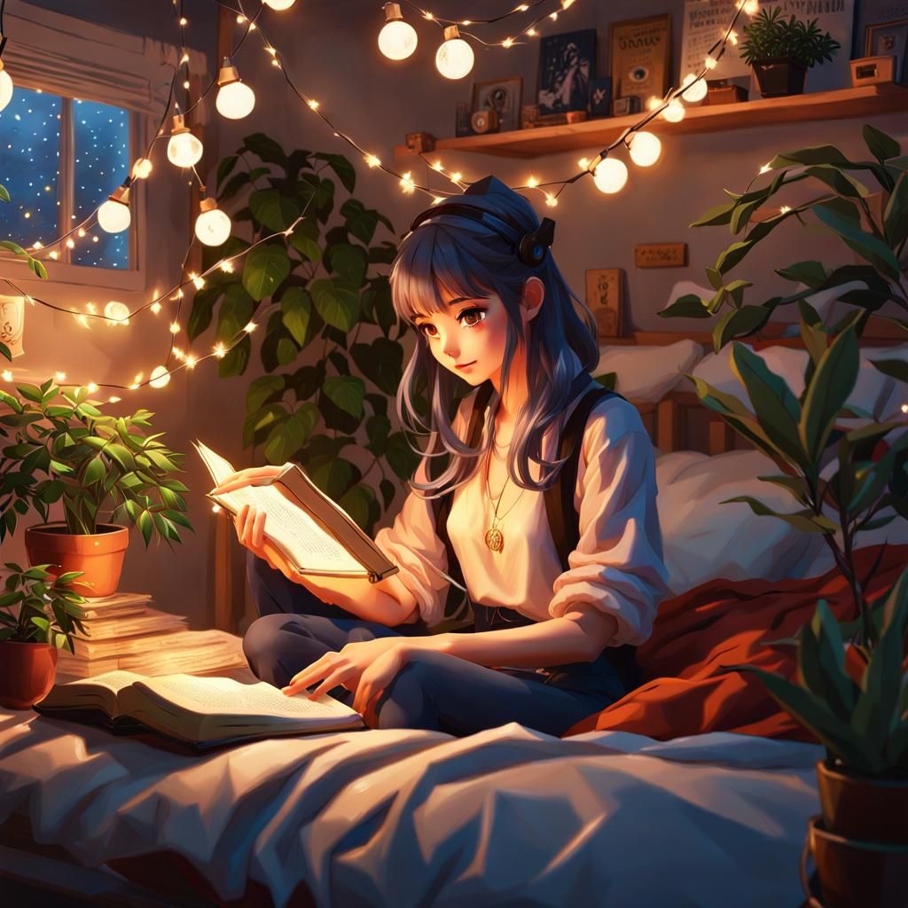 Lofi Anime Girl Studying in Cozy Bedroom