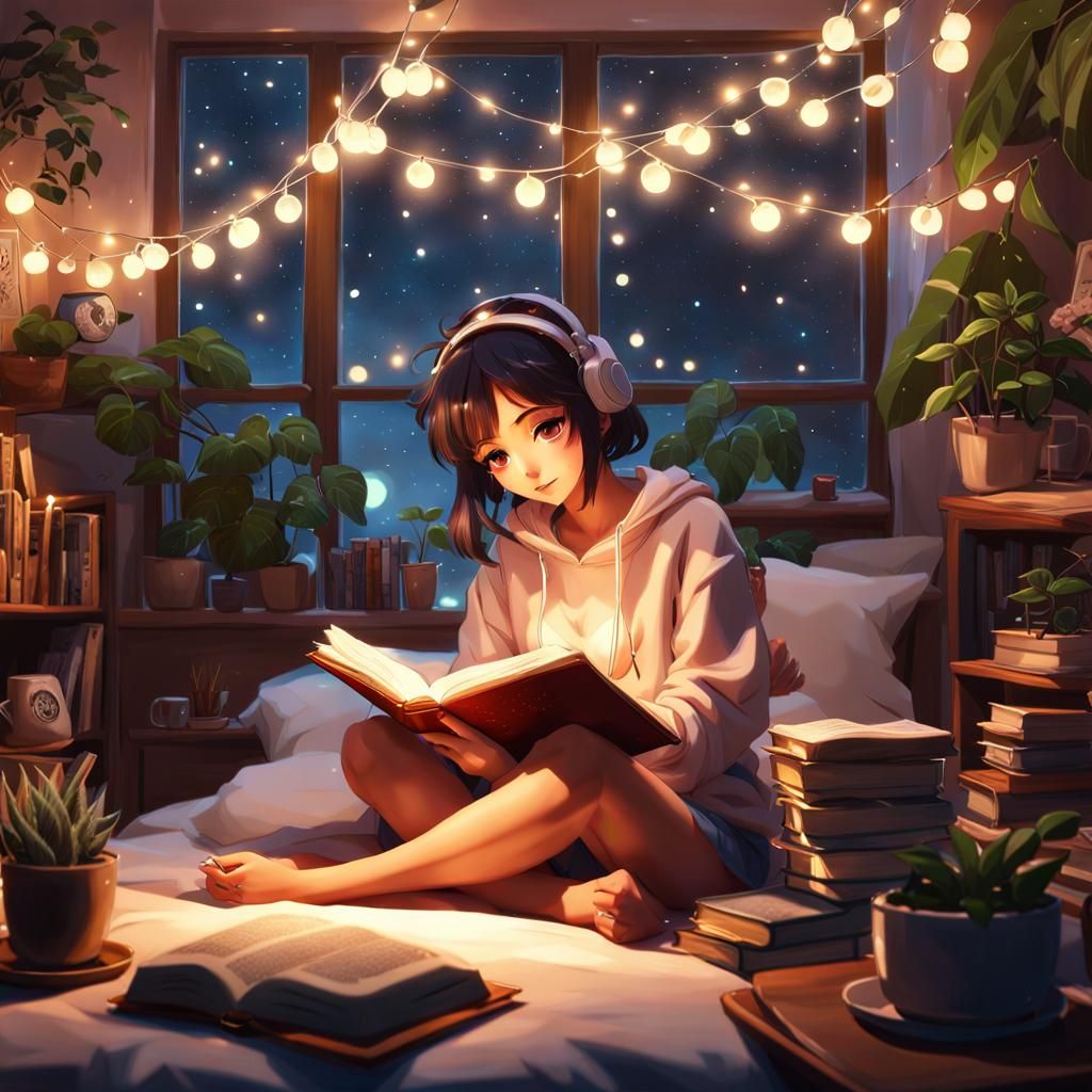 Lofi Anime Woman Studying in Cozy Bedroom