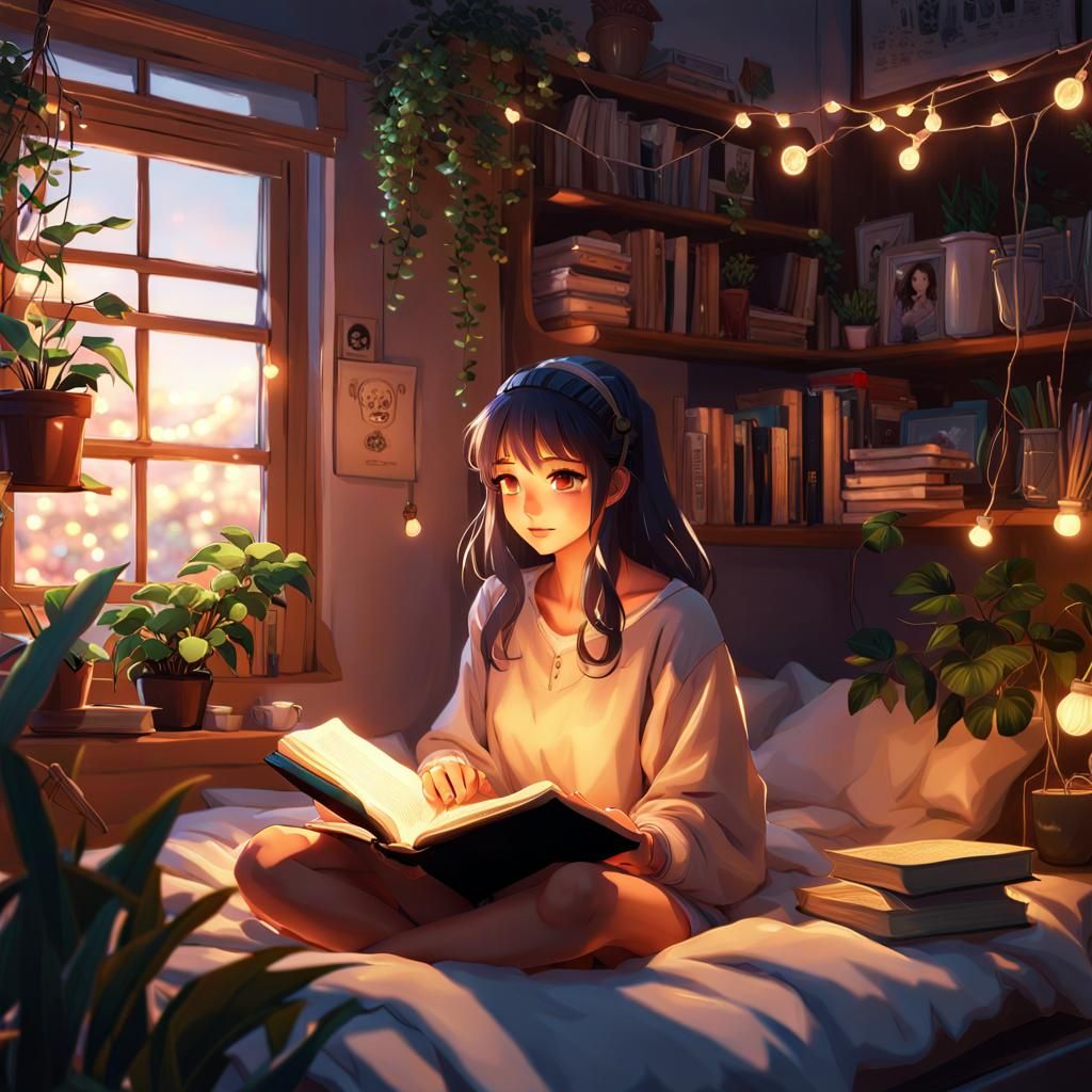 Lofi Anime Woman Studying in Cozy Room