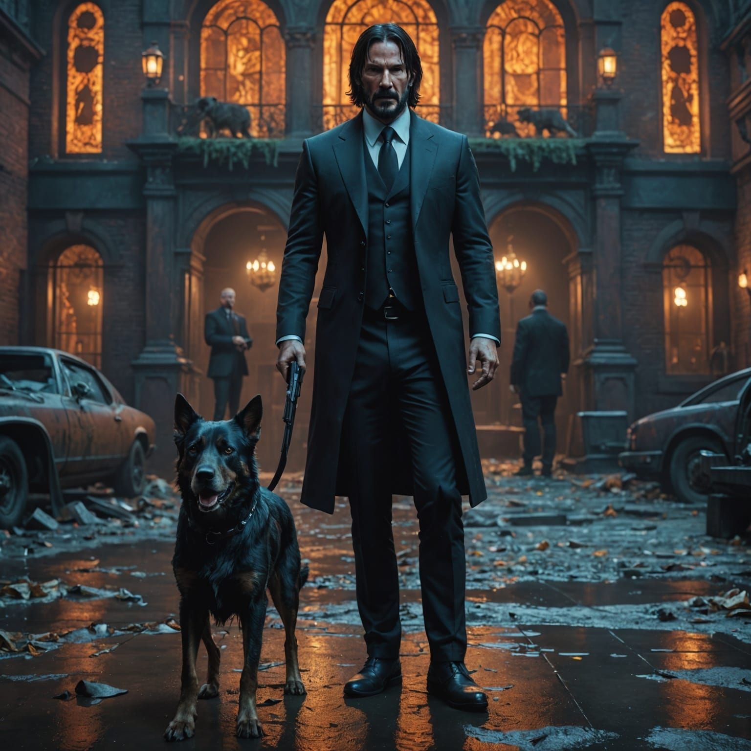 John Wick with Dog: Detailed Matte Painting