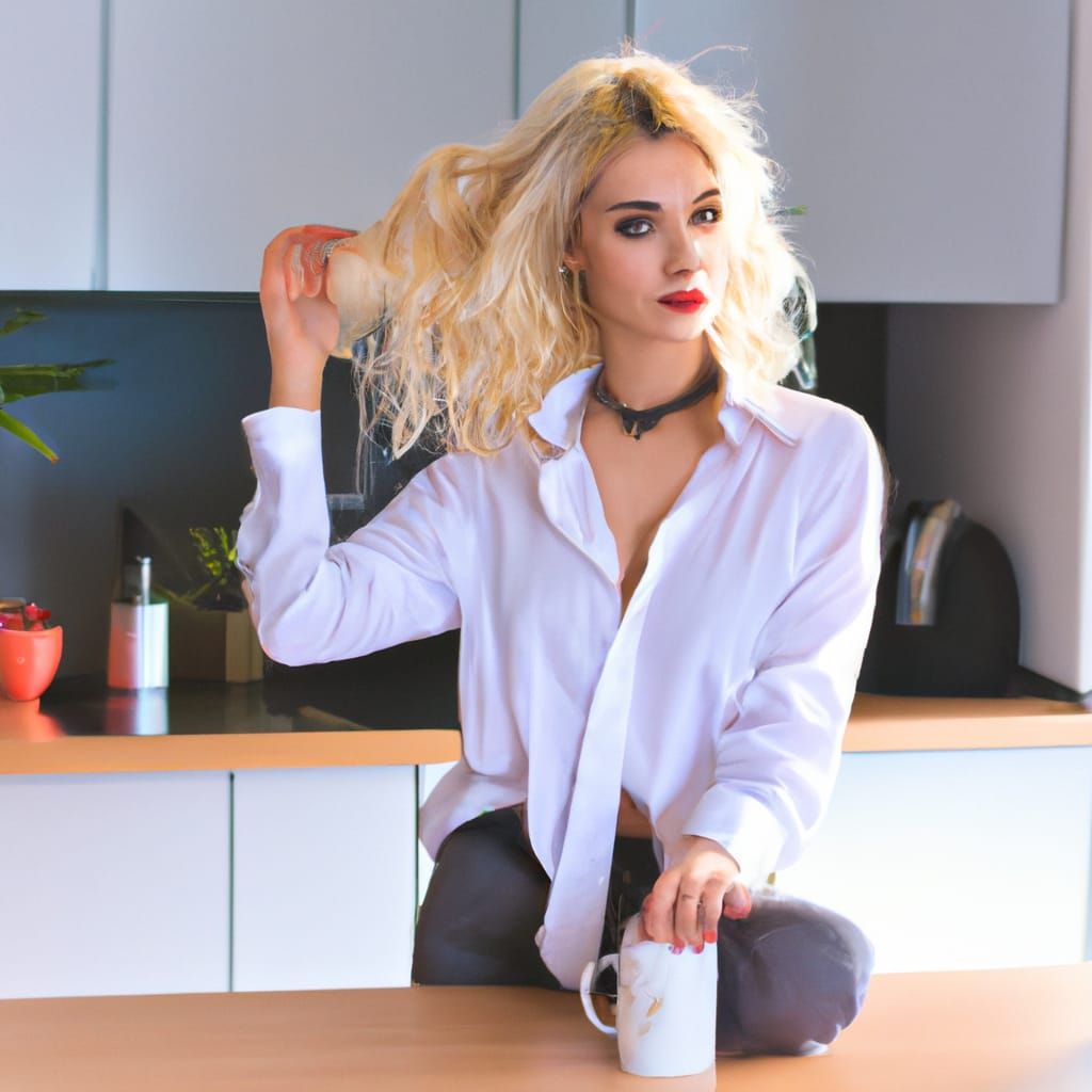 Blonde Woman with Coffee at Kitchen Table