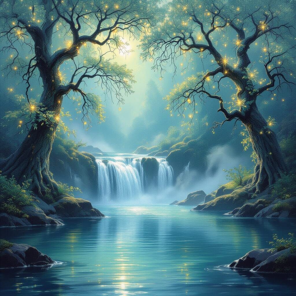 Ethereal Waterfall Landscape with Glowing Trees