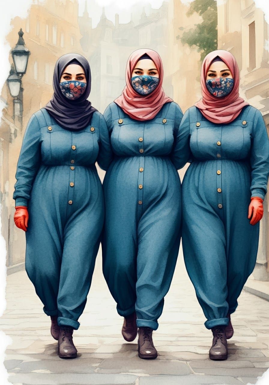 Watercolor Painting of Three Hijab-Wearing Women
