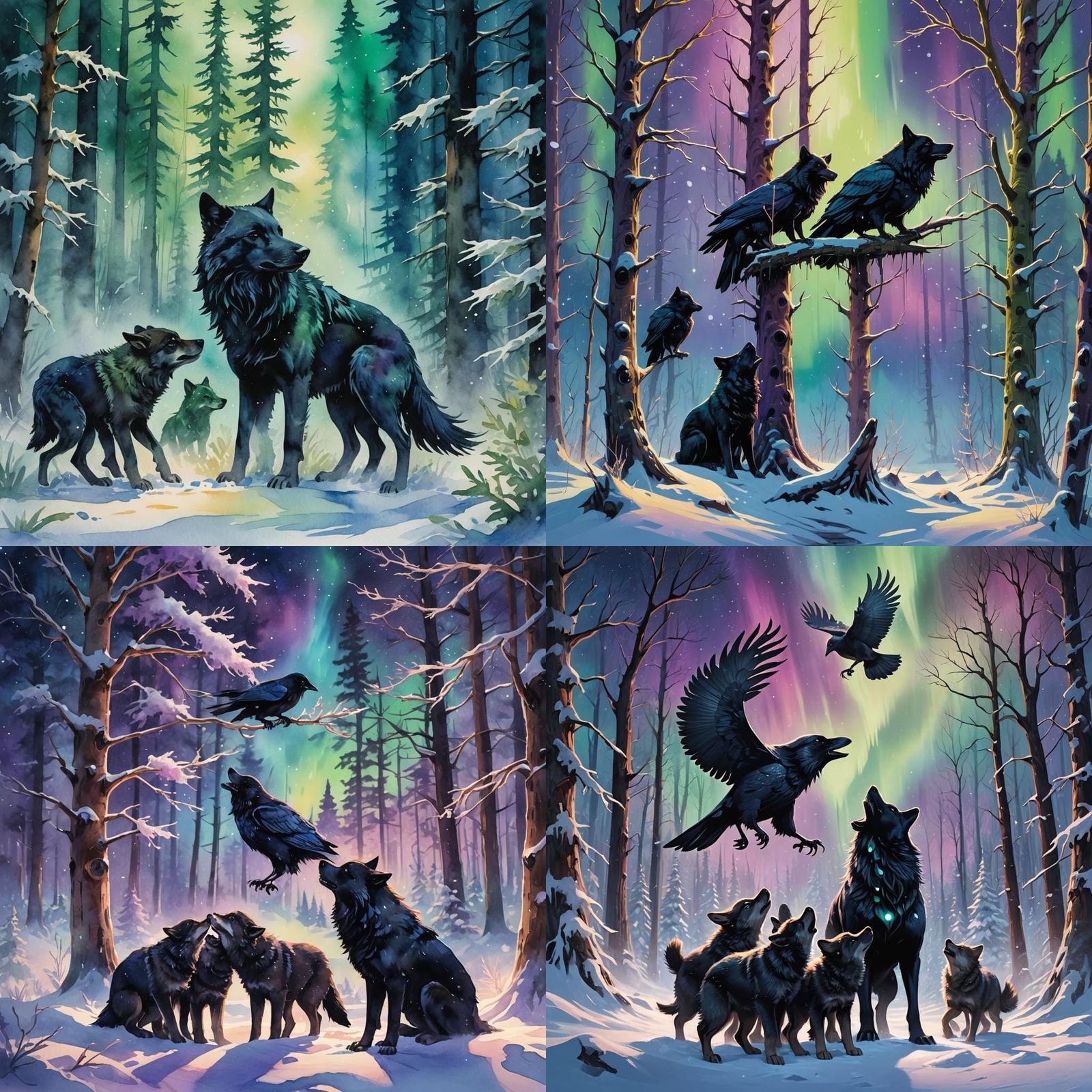 Raven and Wolf Pups Play in Arctic Snow, Watercolor