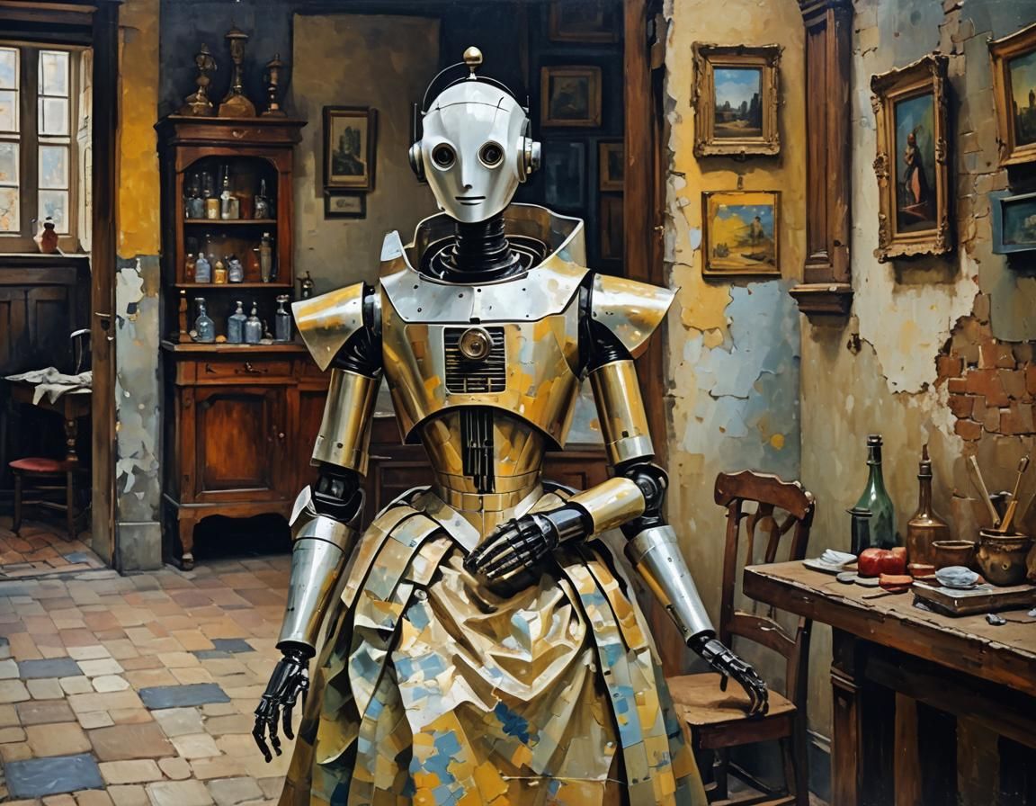 Victorian Robot in 1900s Workshop, Digital Painting