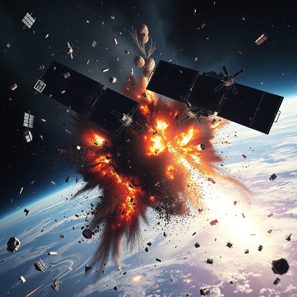 Catastrophic Satellite Collision in Sci-Fi Style