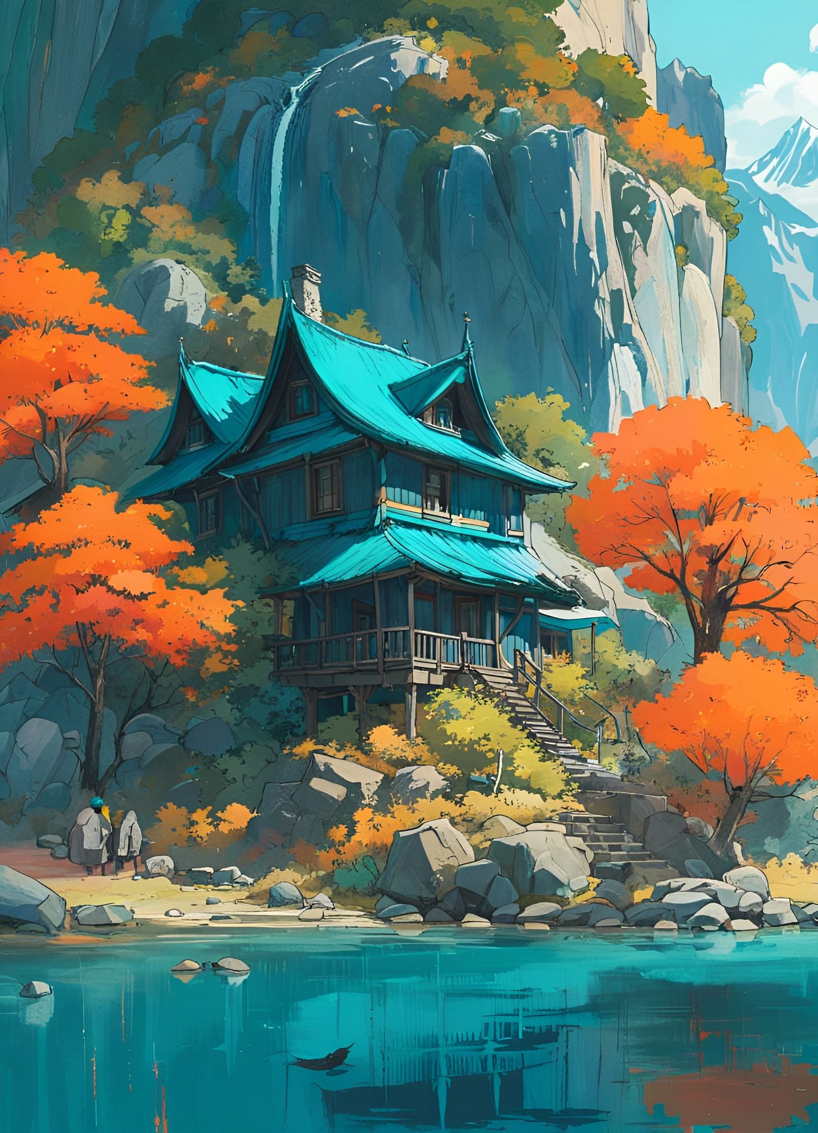Turquoise Cottage by Lake in Mountains, Digital Art