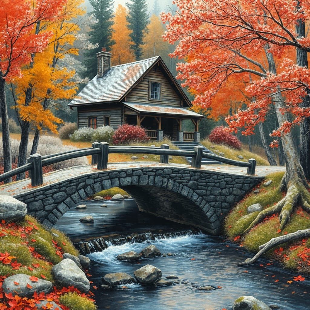 Rustic Cabin in Autumnal Landscape, Alcohol Ink Art