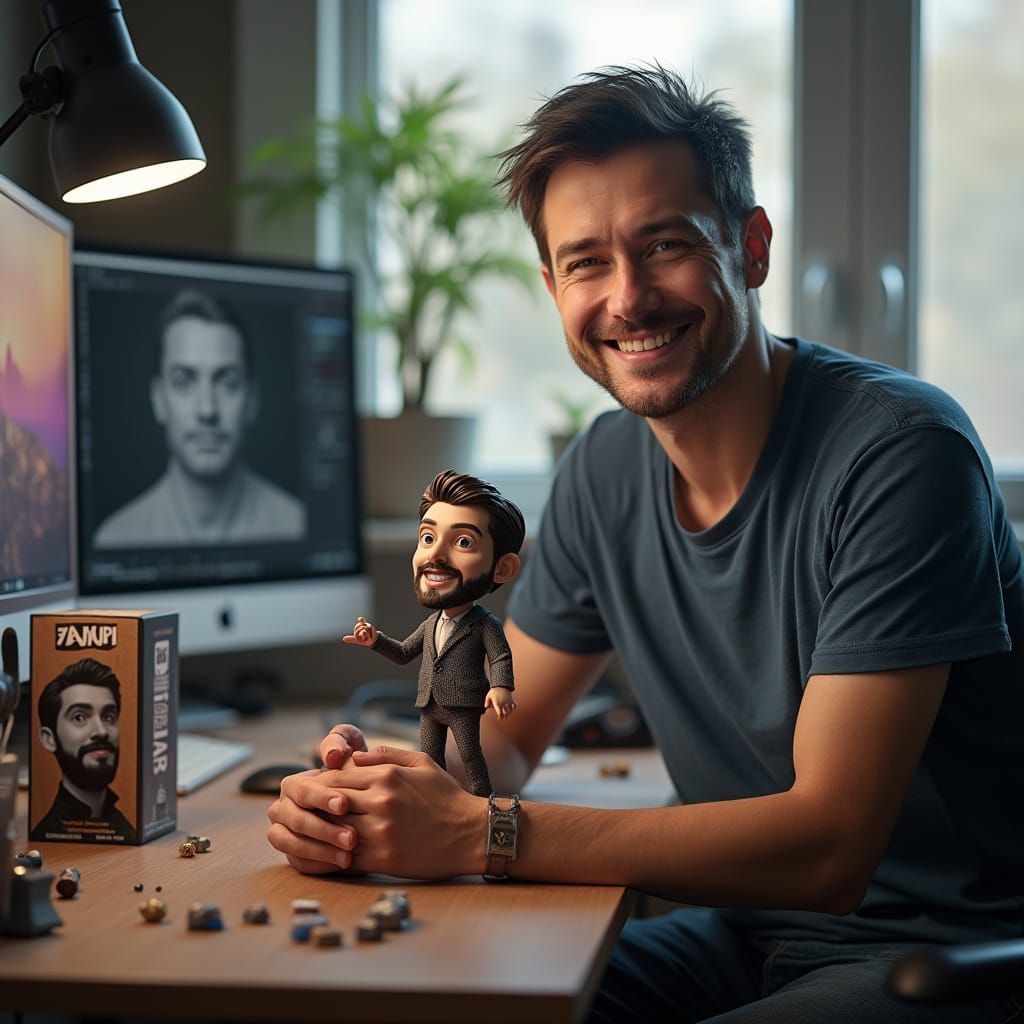 Photorealistic Man Holds Collectible Figurine in Bright Work...