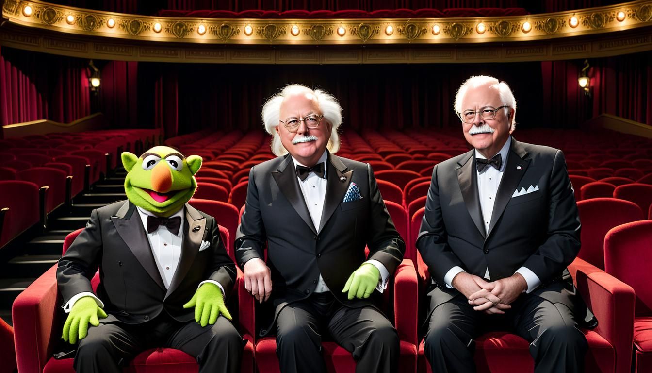 Nick Offerman dressed as Waldorf from the Muppets, alongside...