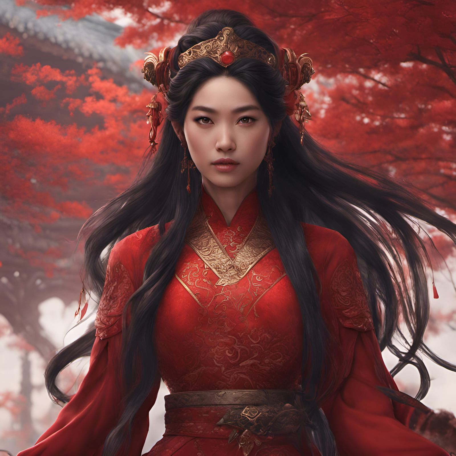 Asian Princess in Red: Detailed Fantasy Art