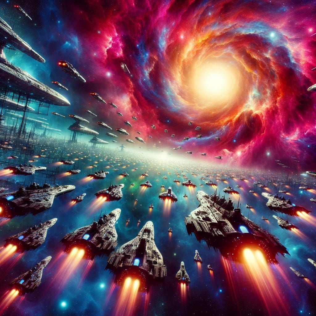 Futuristic Starships Advance Toward a Pulsating Quasar