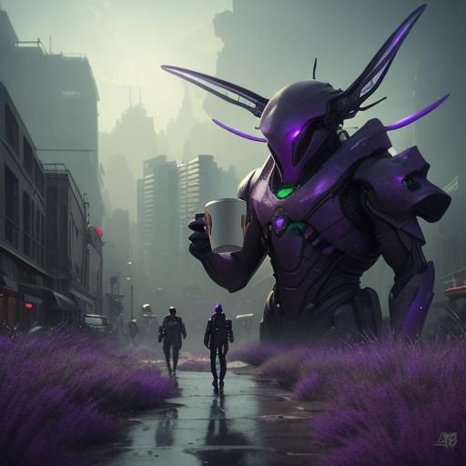 Alien Walks City Streets with Coffee, Digital Art