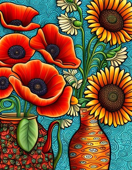 Poppies, Sunflowers, and Zentangle Still Life