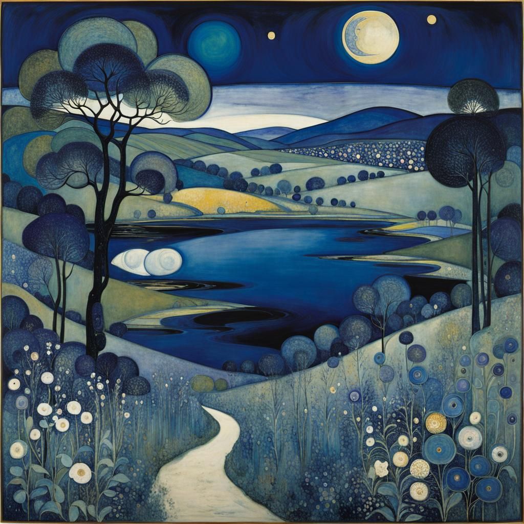 Night Blue Landscape in Symbolist Style