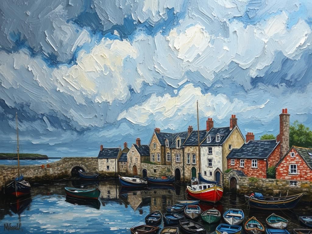 Stormy Harbor Oil Painting with Impasto Texture