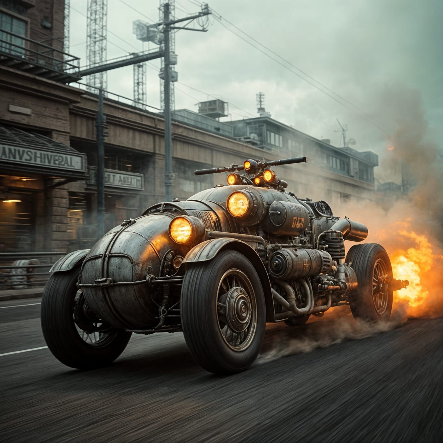 Retro Dieselpunk Vehicle in Motion: Cinematic Film Still