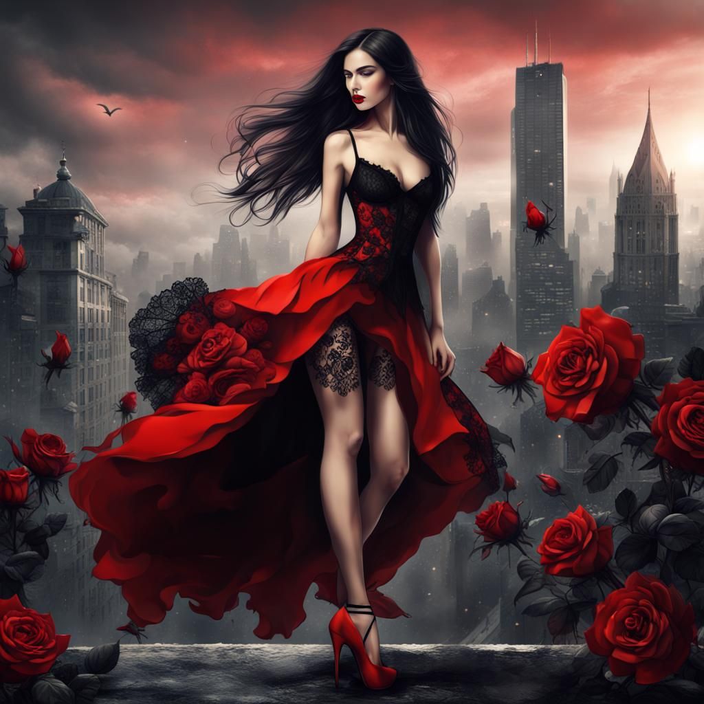 Steampunk Woman in Red Dress and High Heels