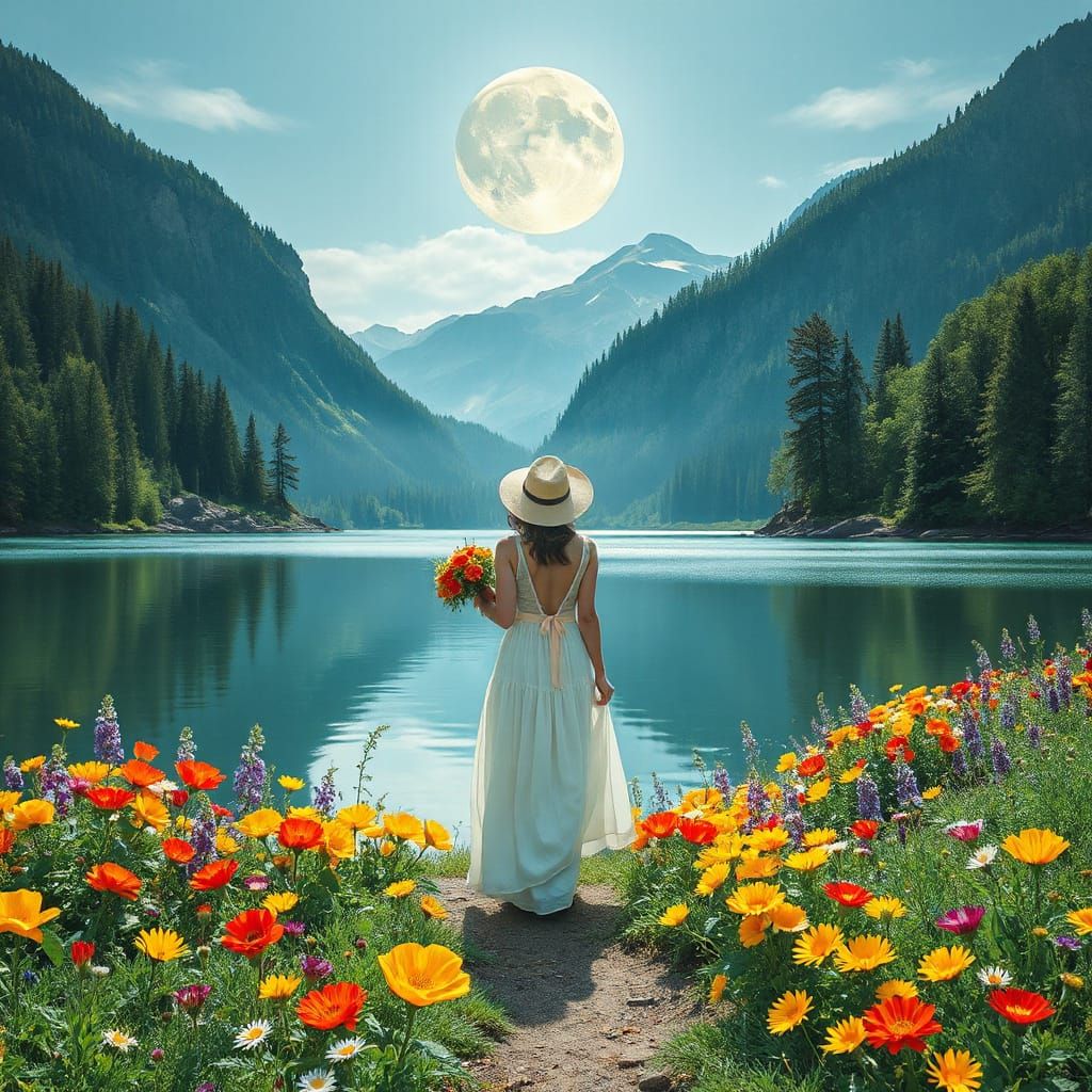 Serene Woman Contemplates Moonrise Over Vibrant Lake Landsca...