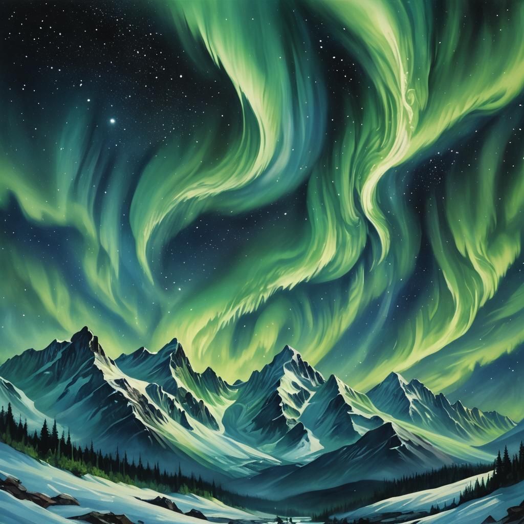 Aurora Borealis Over Snowy Mountains at Night