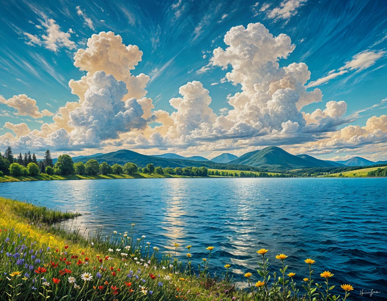 Serenic Landscape of Golden Light and Vibrant Wildflowers