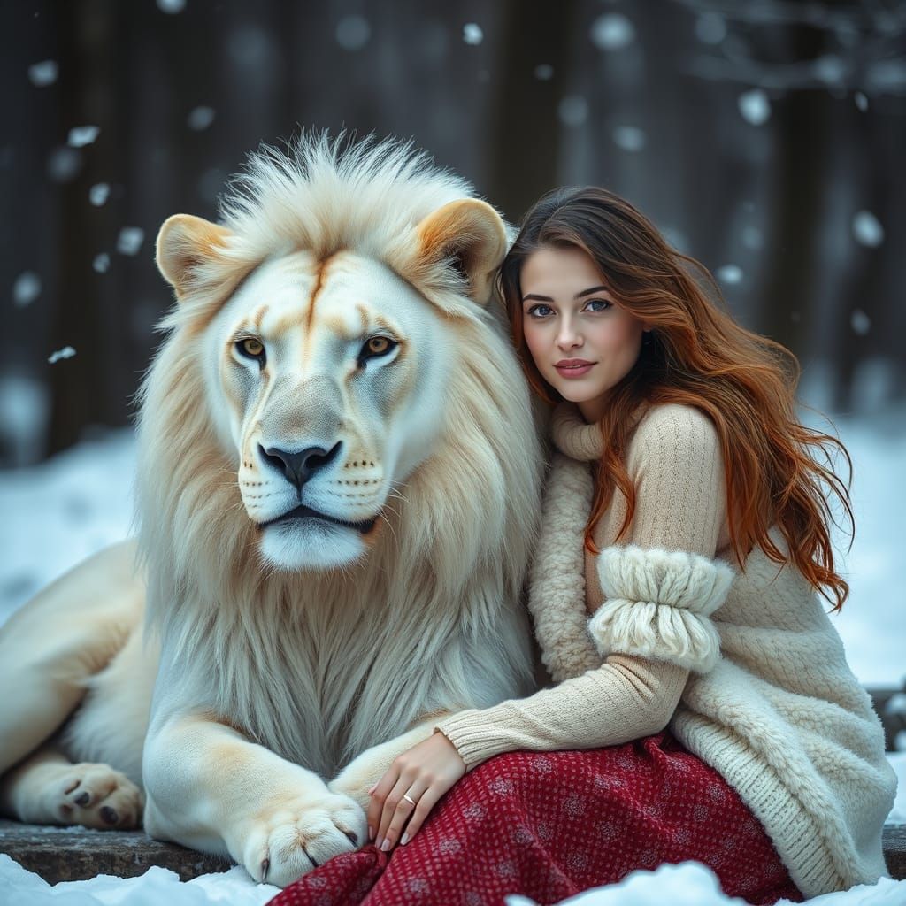 Woman and White Lion in Snowy Scene