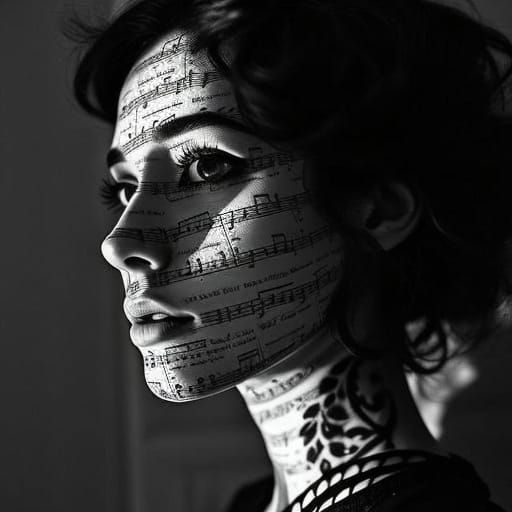 Monochrome Film Portrait: Musical Notation and Floral Text