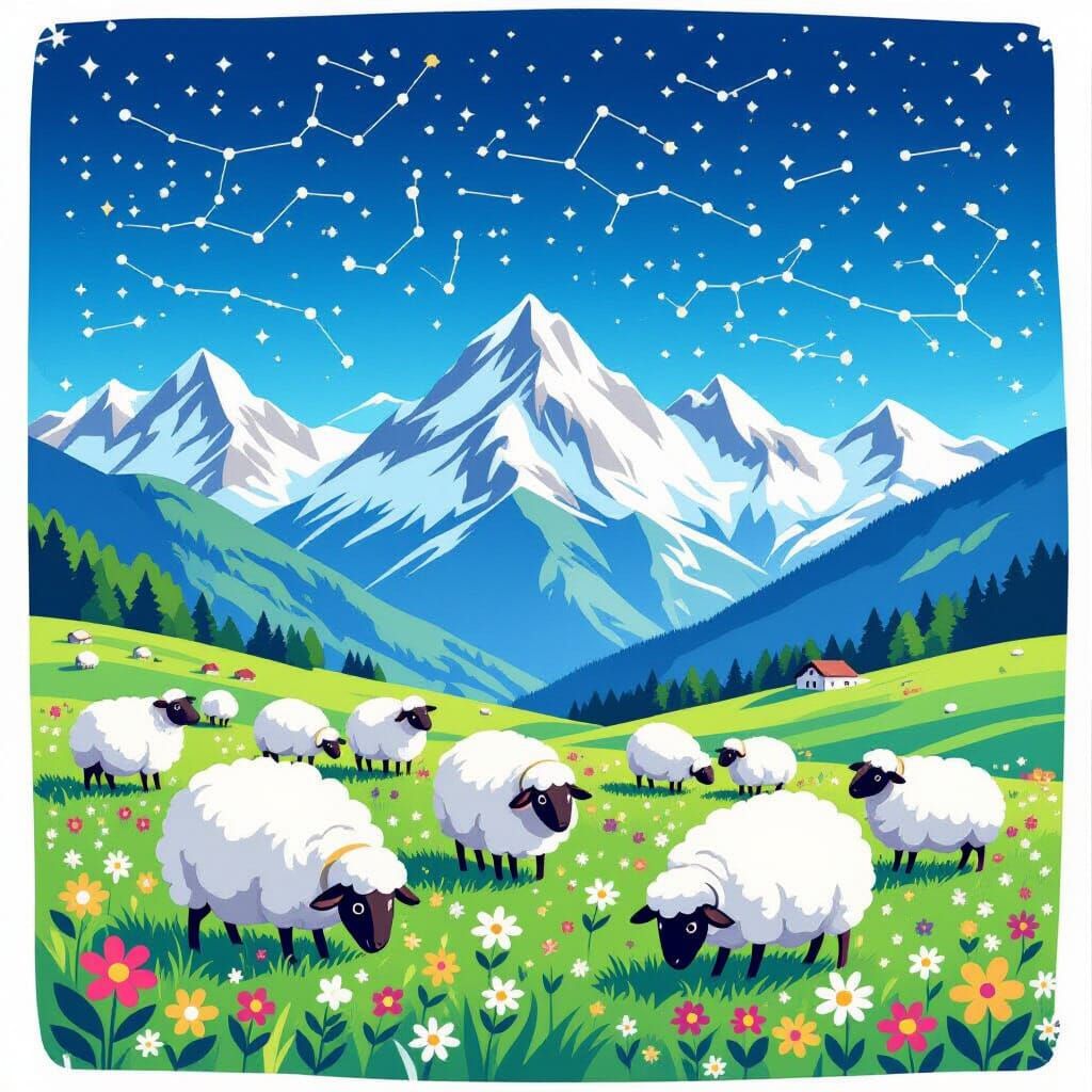 Fluffy Sheep With Bells in Fantasy Alpine Meadow