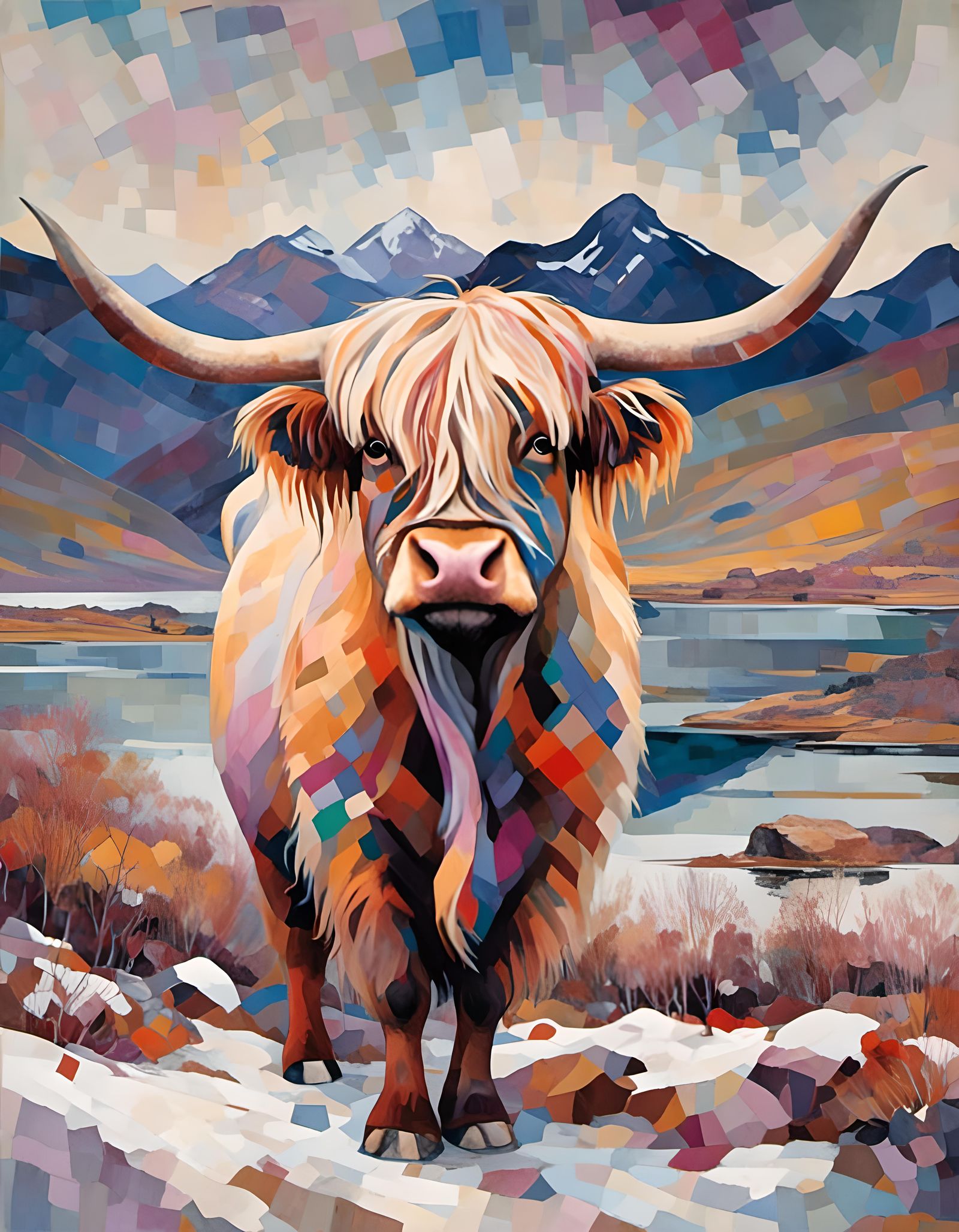 Highland Cow Portrait in Winter Snow