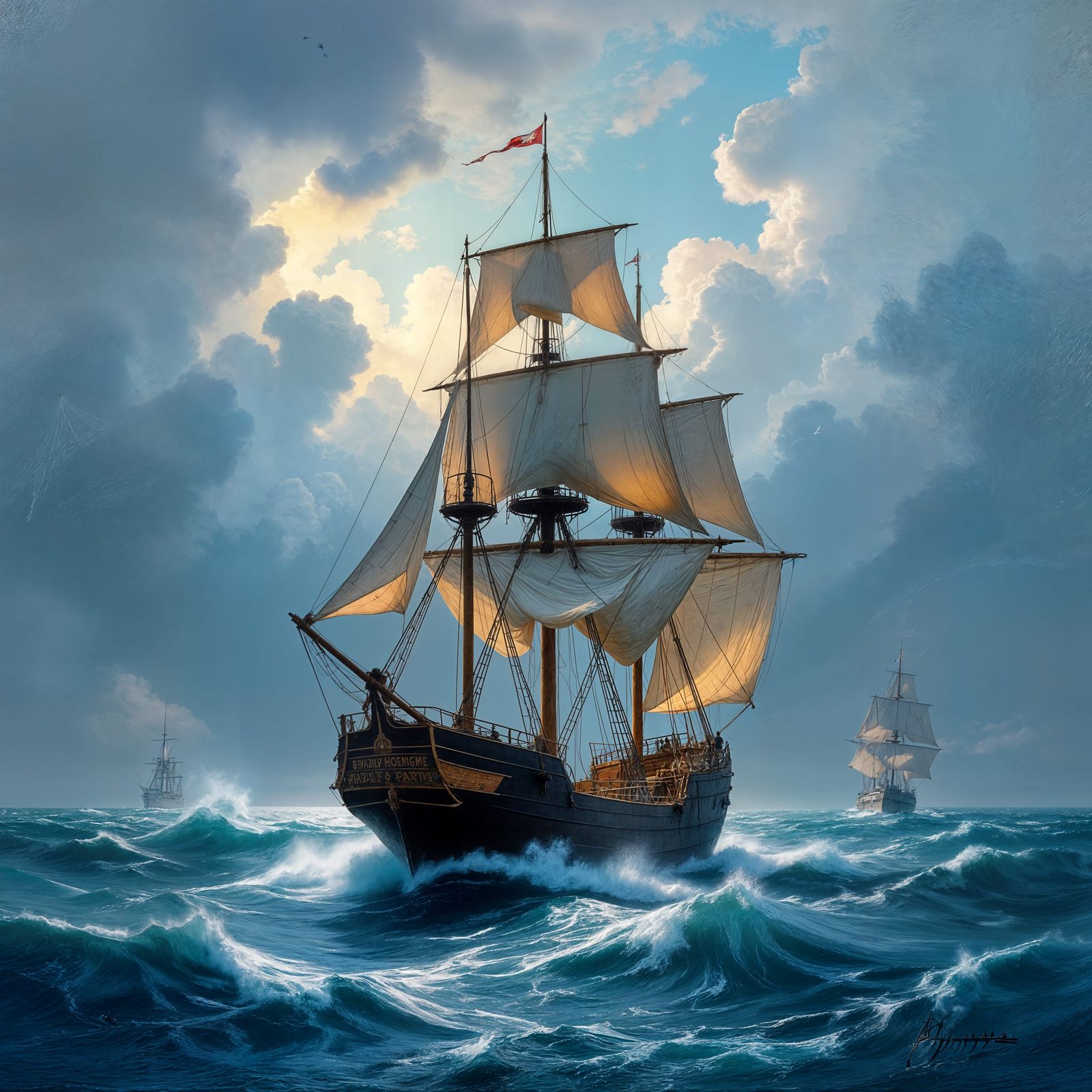 Majestic Ship Navigates Stormy Seas with Ethereal Dreamlike ...