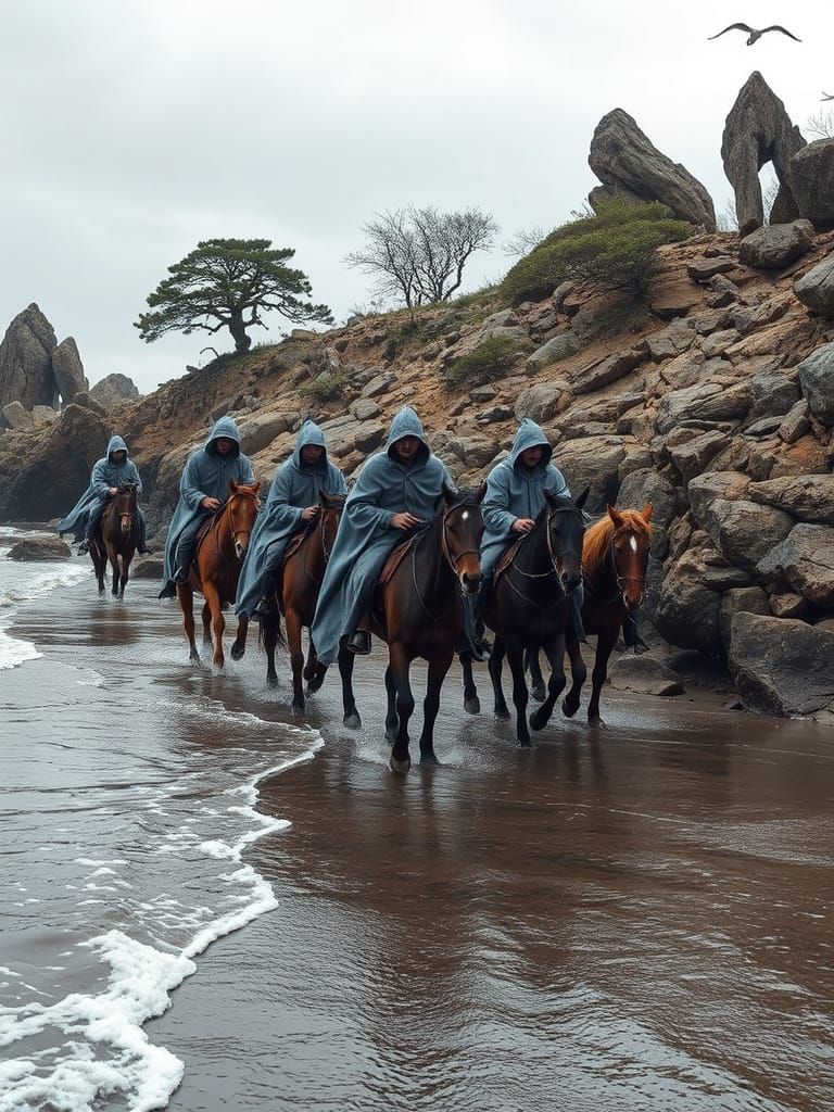 Horsemen Ride Along Fjord-Like Shoreline in Moody, Atmospher...