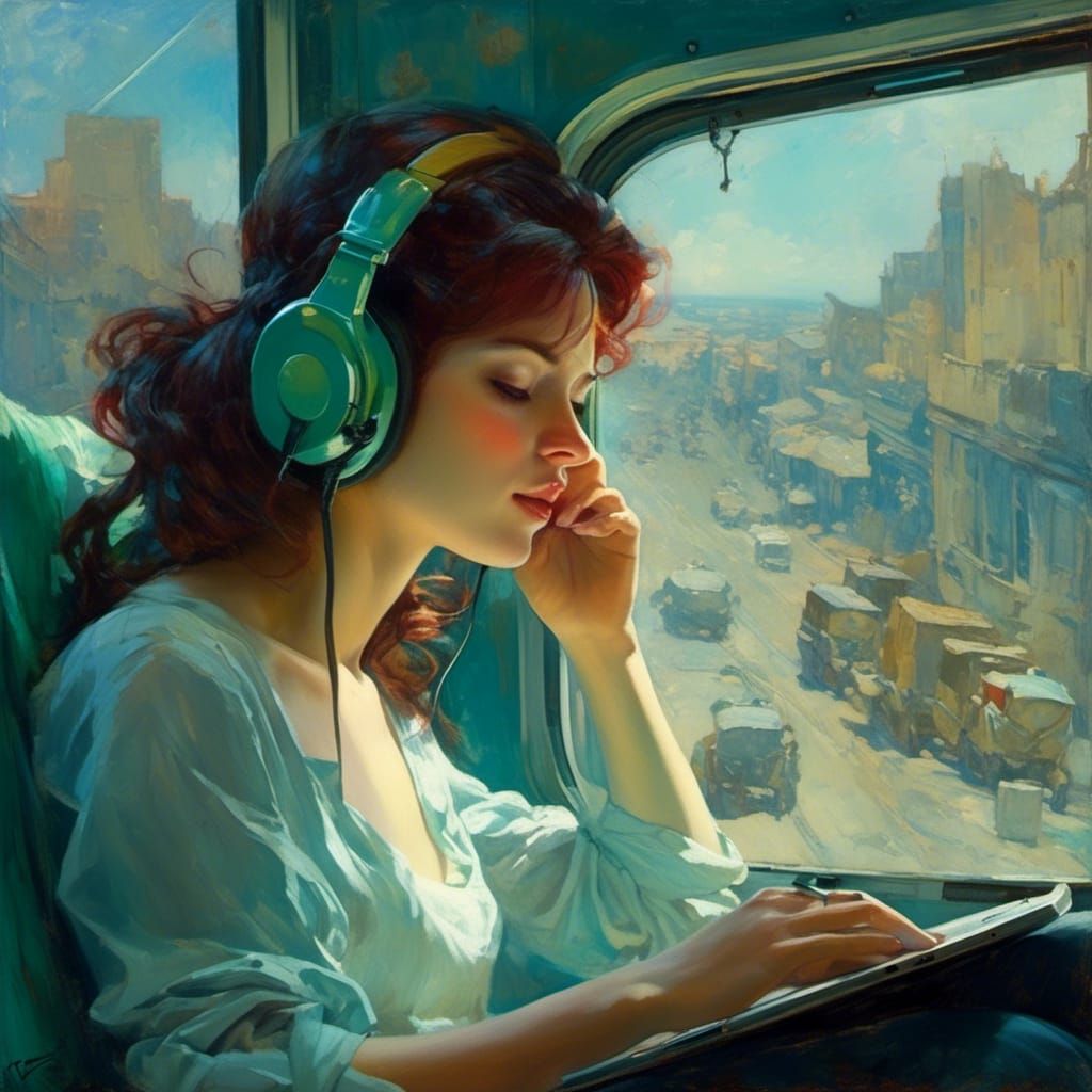 Girl in Bus, Dreamy Cinematic Painting