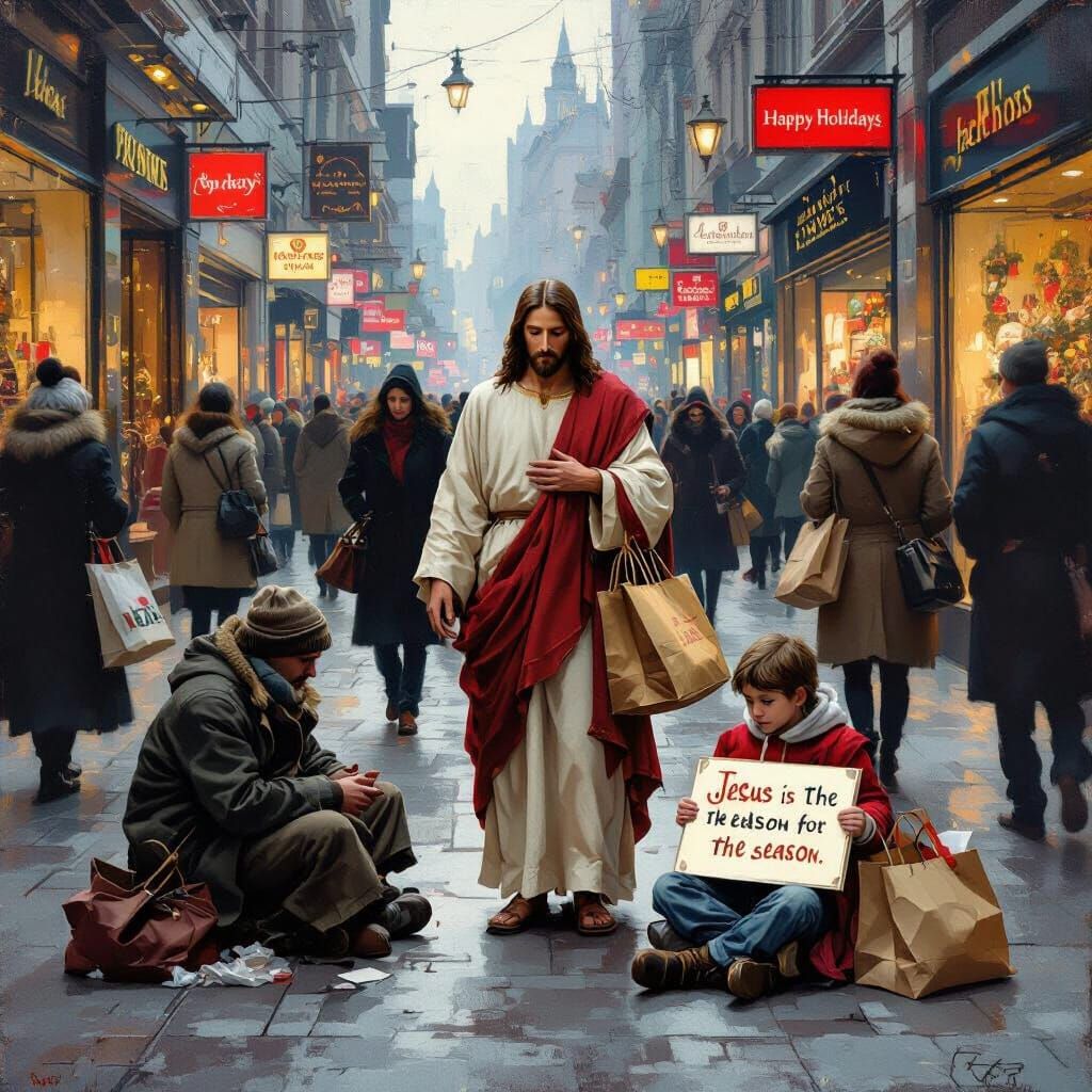 Jesus Ignored in Busy Town Square Realistic Painting