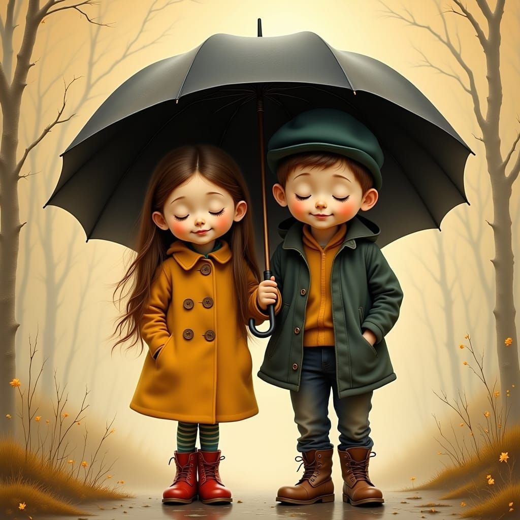 Children Under Umbrella with Red and Mountain Boots