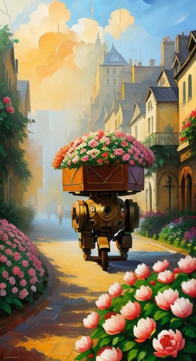 Rusty Robot Peonies in Geometric Oil Gouache