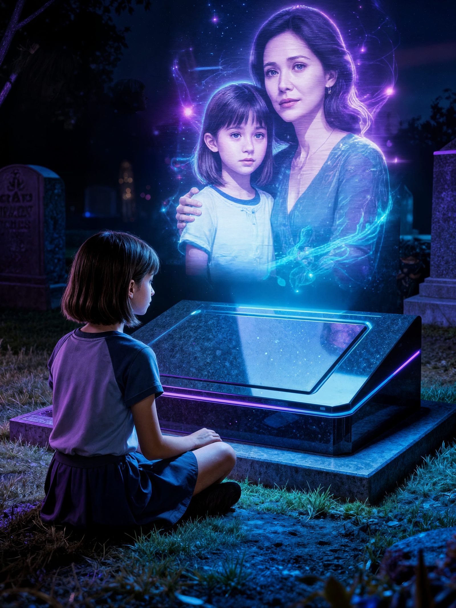 Grieving Girl Watches Hologram Memories at Futuristic Graves...