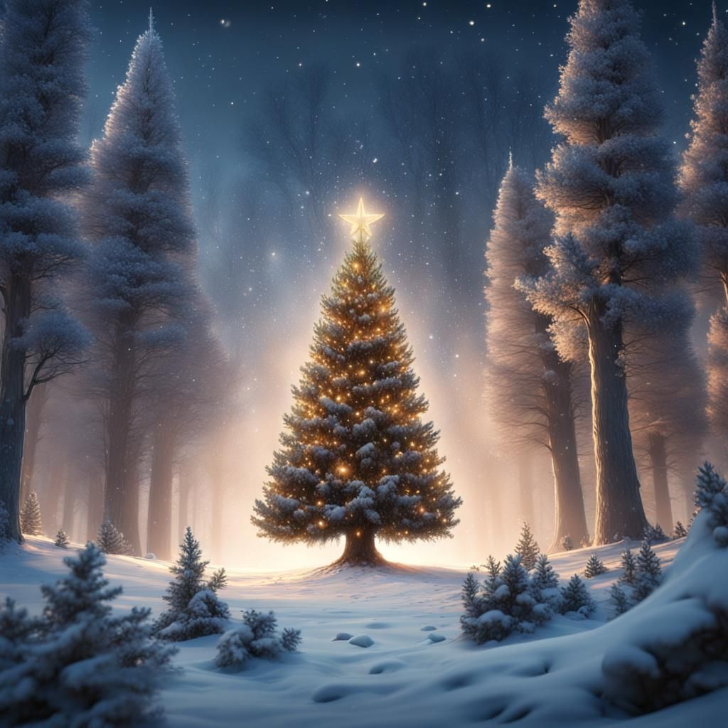 Festive Christmas Tree and Dancing Animals in Winter