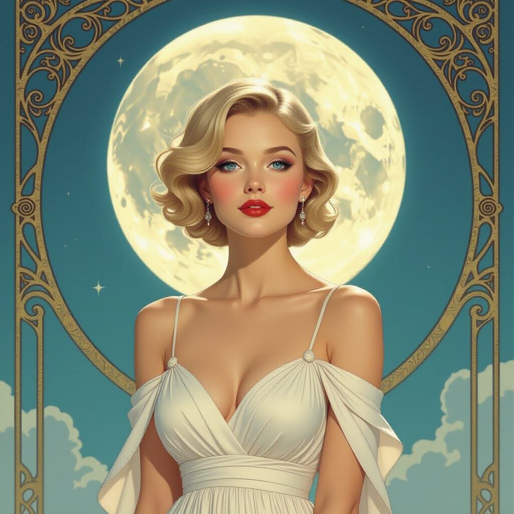 Woman Under Moon in Art Nouveau Style
