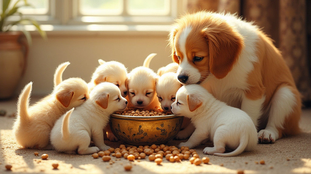 Puppy Feeding Frenzy in Dreamy Watercolor Style