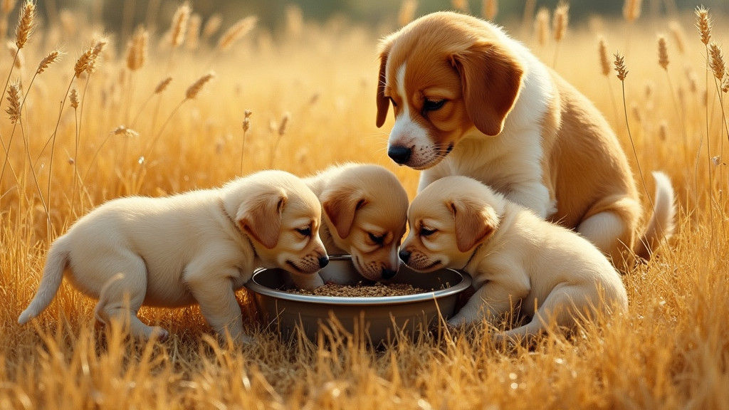 Puppies Feeding in Golden Wheat Field: Sentimental Art