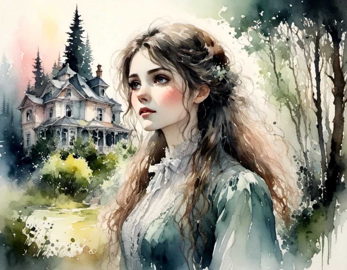 Victorian Woman in Bioluminescent Forest, Watercolor Ink Sty...