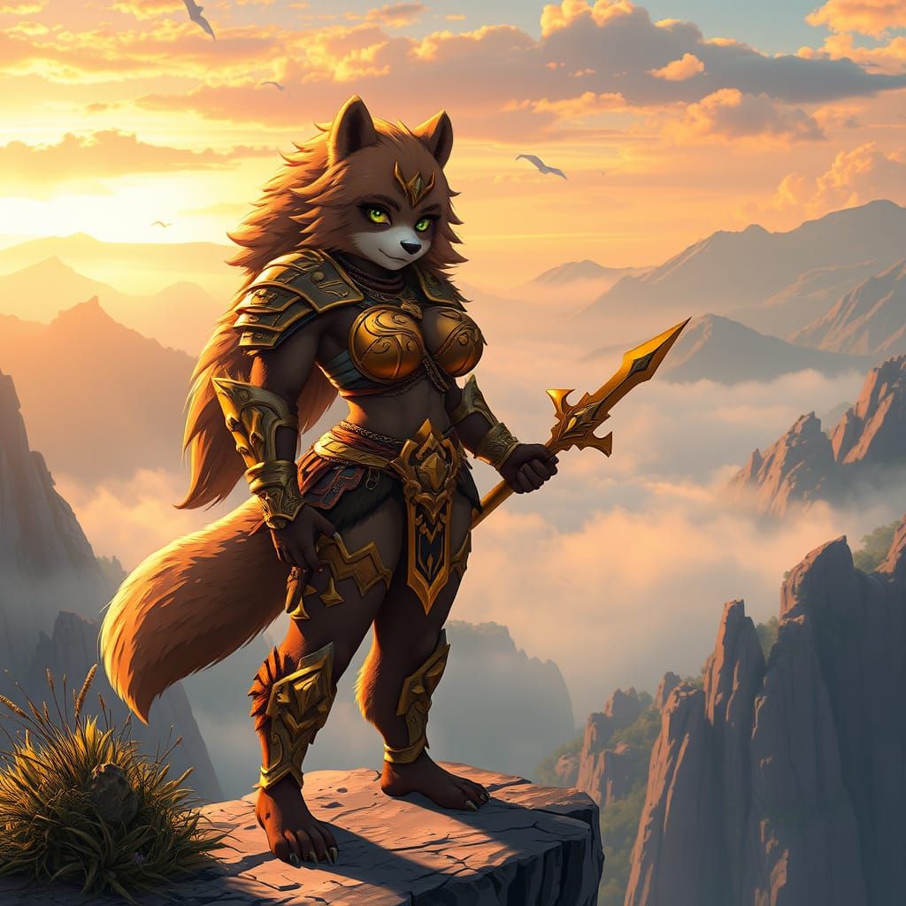 Fierce Furry She-Bear Warrior in Ornate Gold Armor Stands on...