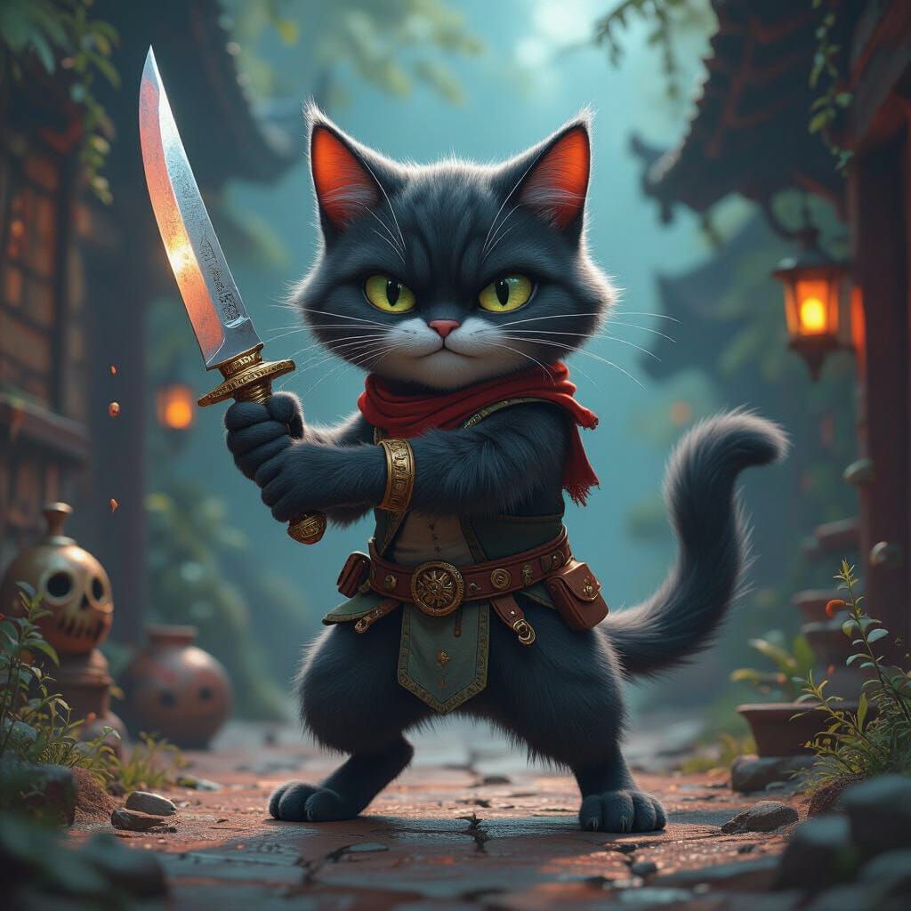 Goofy Cat Warrior with Knife, Fantasy Concept Art