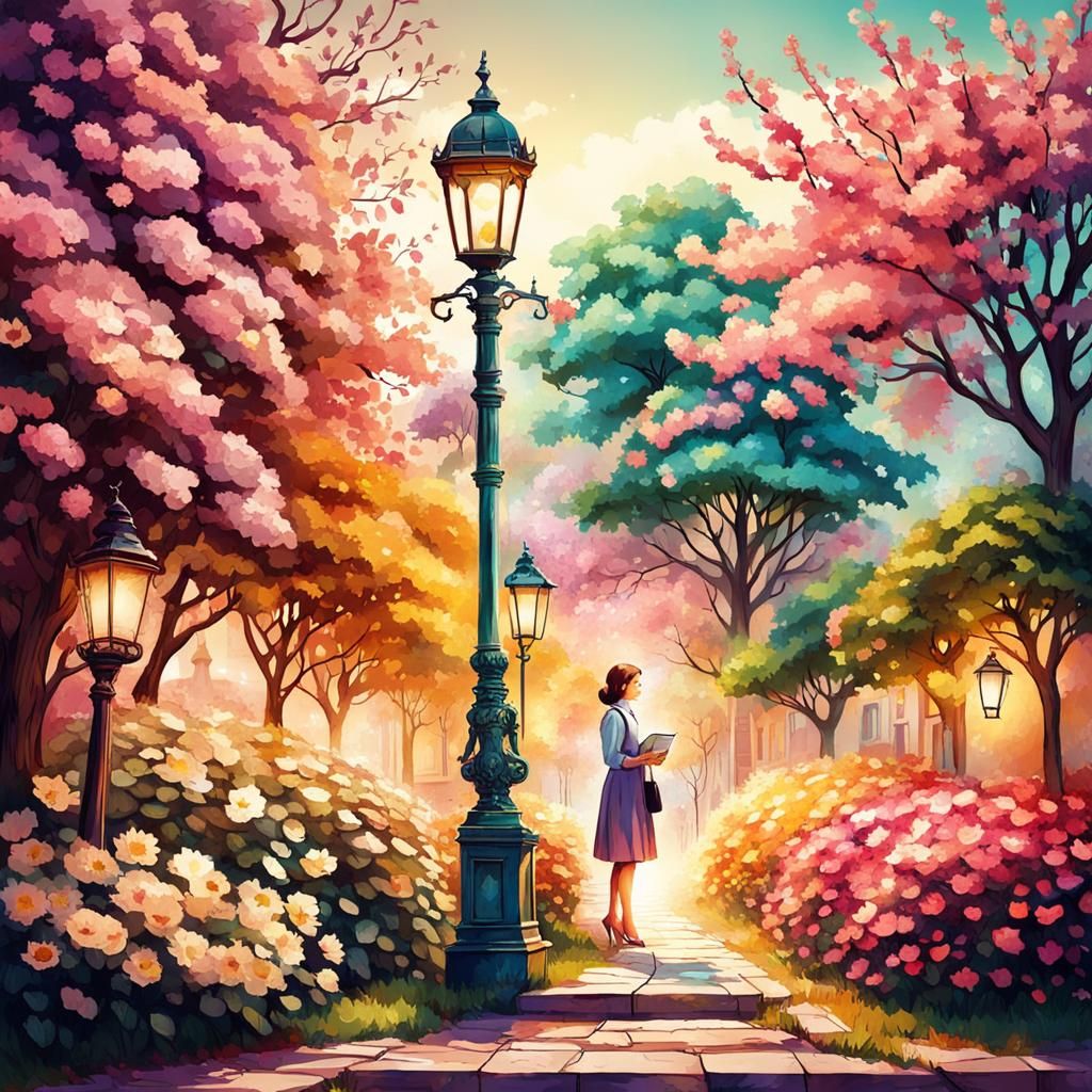 Woman Posing with Photograph in a Technicolor Garden