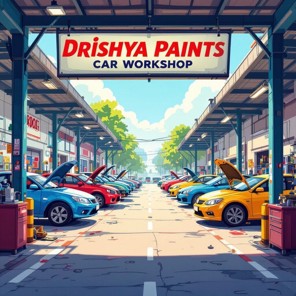 Drishya Paints Car Workshop Front View in Animation Style