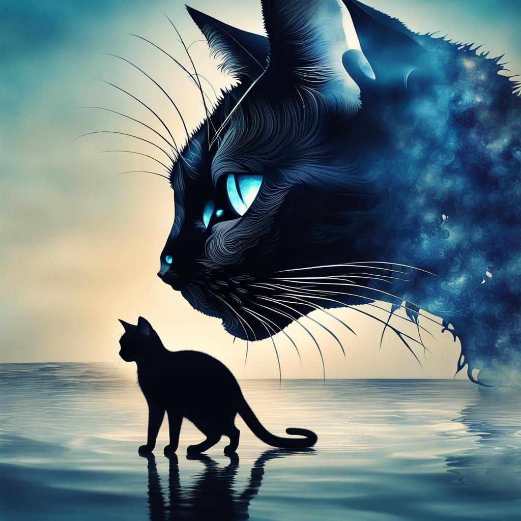 Double Exposure: Black Cat Silhouette and Blue Sea